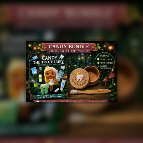 Candy Tooth Fairy Bundle with activity book, wooden Tooth Fairy box and bamboo toothbrush